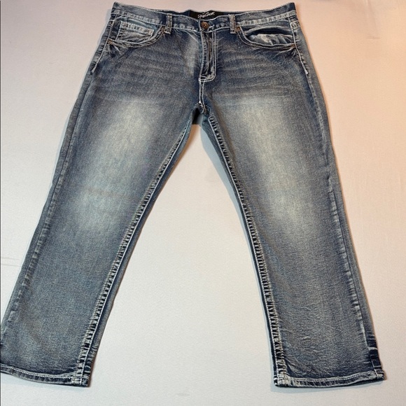 True Luck 38x30 Blue Jeans Straight Leg Men Frayed Pockets - Picture 1 of 13
